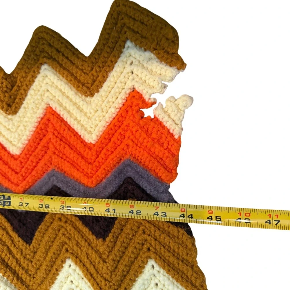 Vtg Crochet Afghan Blanket Zig Zag Chevron Orange Brown Cream Cottagecore Hippie